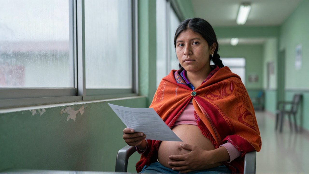 Una mujer indígena embarazada, con trenzas y manta andina, espera en una clínica pública, sostiene un formulario y observa con cautela la ventanilla de atención al fondo.