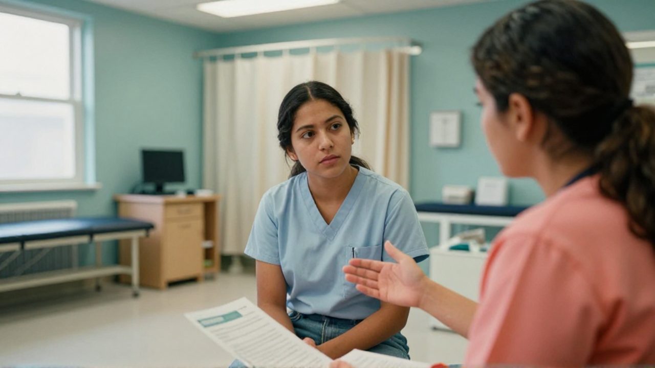 En una clínica estatal de salud reproductiva, una paciente latina escucha atenta a una enfermera de salud pública que le señala un formulario de admisión.