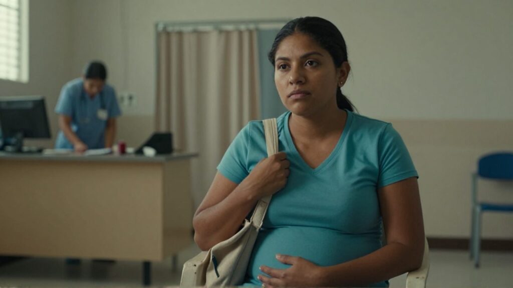 Una mujer latina de unos treinta años espera seria en una clínica pública de salud reproductiva, con la mano sobre el vientre, mientras al fondo una enfermera atiende un mostrador y unas cortinas desgastadas sugieren recursos limitados.