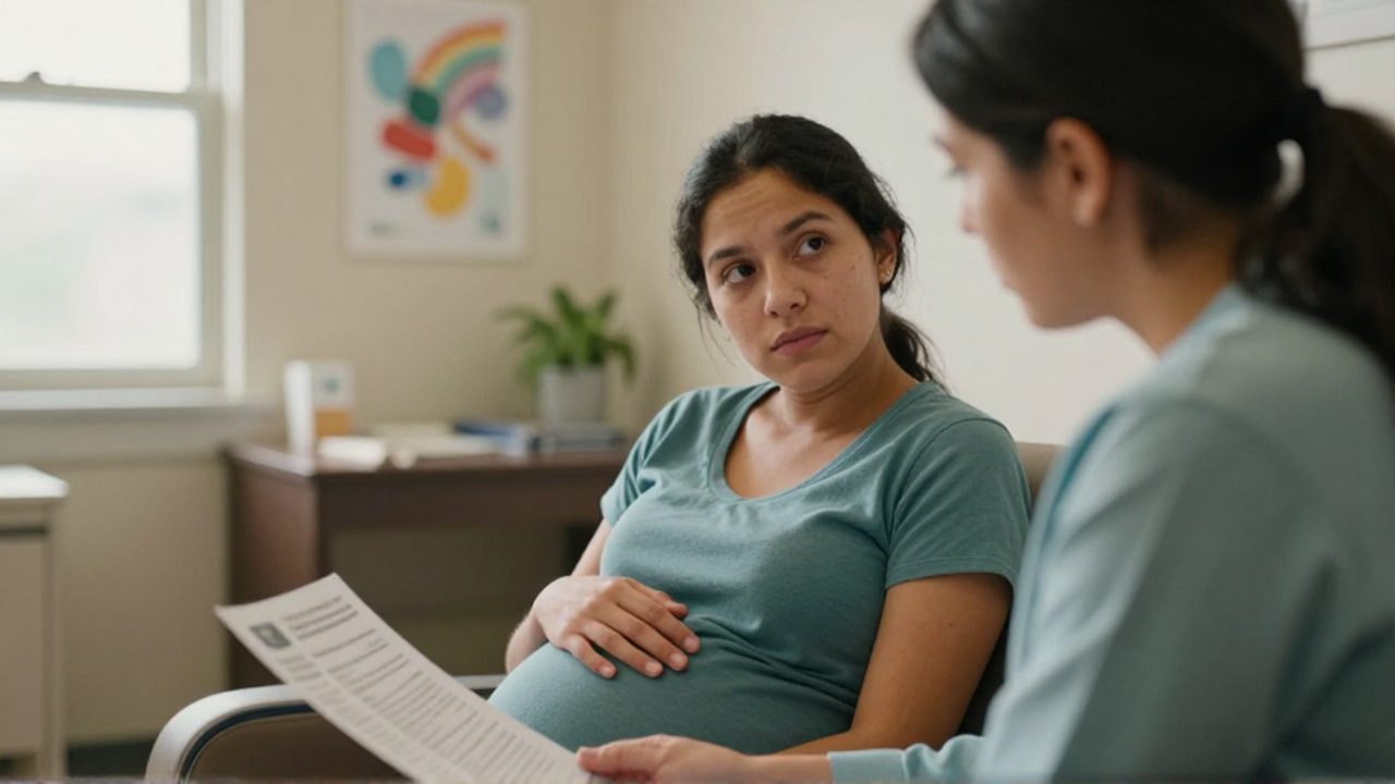 Una mujer embarazada migrante escucha con atención a una consejera que se inclina para mostrarle un folleto informativo en una clínica comunitaria; la mujer apoya una mano sobre su vientre en un ambiente cálido que transmite cuidado y respeto.