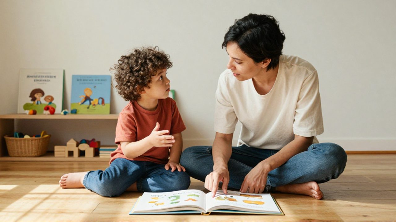Una persona adulta y un niño pequeño se sientan frente a frente en el suelo iluminado, compartiendo un libro abierto; la persona adulta señala una ilustración mientras el niño responde con un gesto entusiasta, con una estantería de libros y juguetes de madera al fondo.