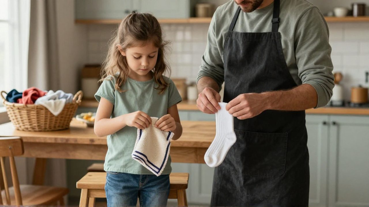 Un padre y su hija pequeña doblan ropa juntos en la cocina; él le muestra cómo emparejar los calcetines mientras ella, subida a un taburete, imita el gesto con una toalla.