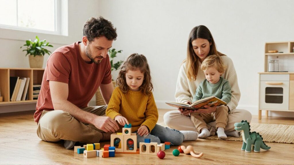 Un padre y su hija pequeña construyen juntos con bloques de madera en un salón soleado, mientras la madre lee un cuento a su hijo; los adultos comparten el cuidado y los niños visten y juegan sin estereotipos de género.