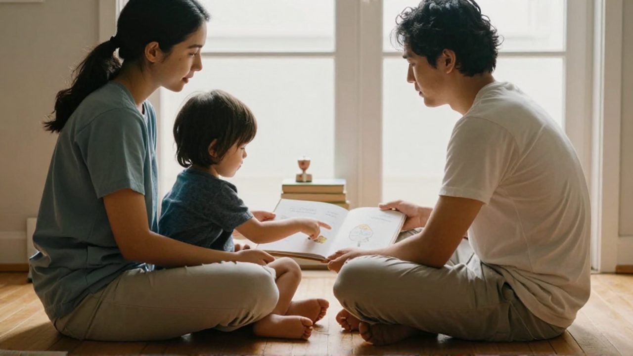 Un adulto y un niño pequeño sentados frente a frente en un suelo de madera bañado por luz natural; el adulto sostiene un libro abierto mientras el niño señala una ilustración, en un ambiente acogedor con libros y juguetes sencillos al fondo.