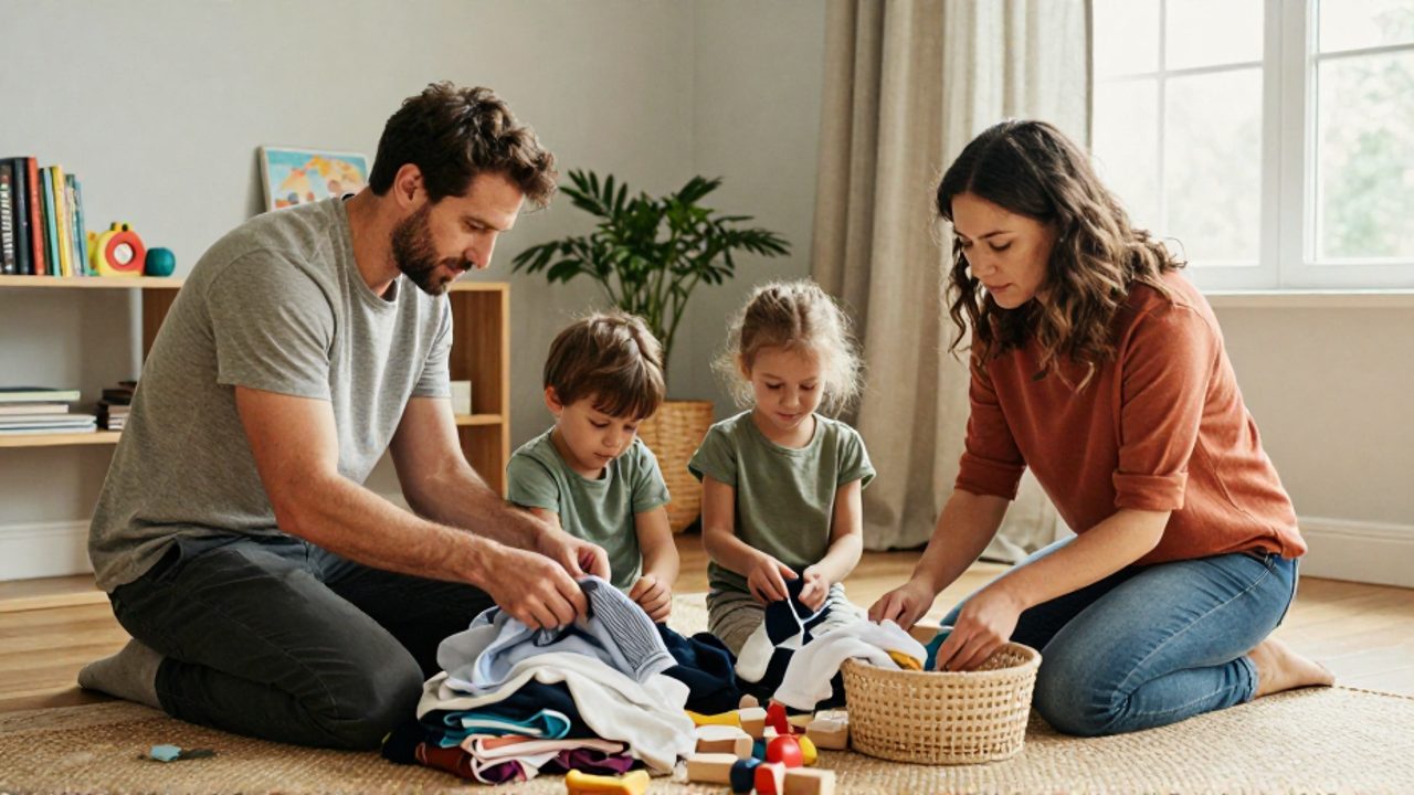 Un padre y una madre ordenan ropa y juguetes en el salón junto a sus dos hijos pequeños, una niña y un niño, mostrando una escena doméstica donde ambos comparten las tareas por igual.