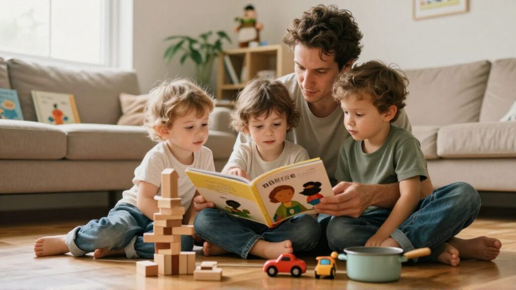 Una persona adulta sentada en el suelo con dos niños pequeños, señalando un libro ilustrado con personajes diversos mientras los menores escuchan atentos, rodeados de juguetes variados sin asociar a un género y una estantería con más cuentos.