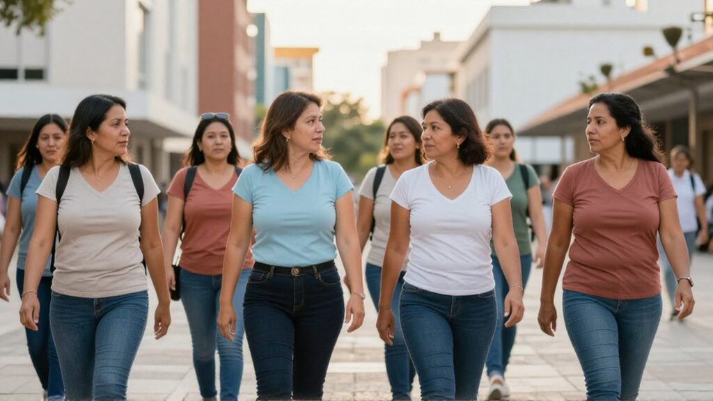 Grupo de mujeres latinoamericanas de diversas edades caminan y conversan en una plaza urbana despejada.