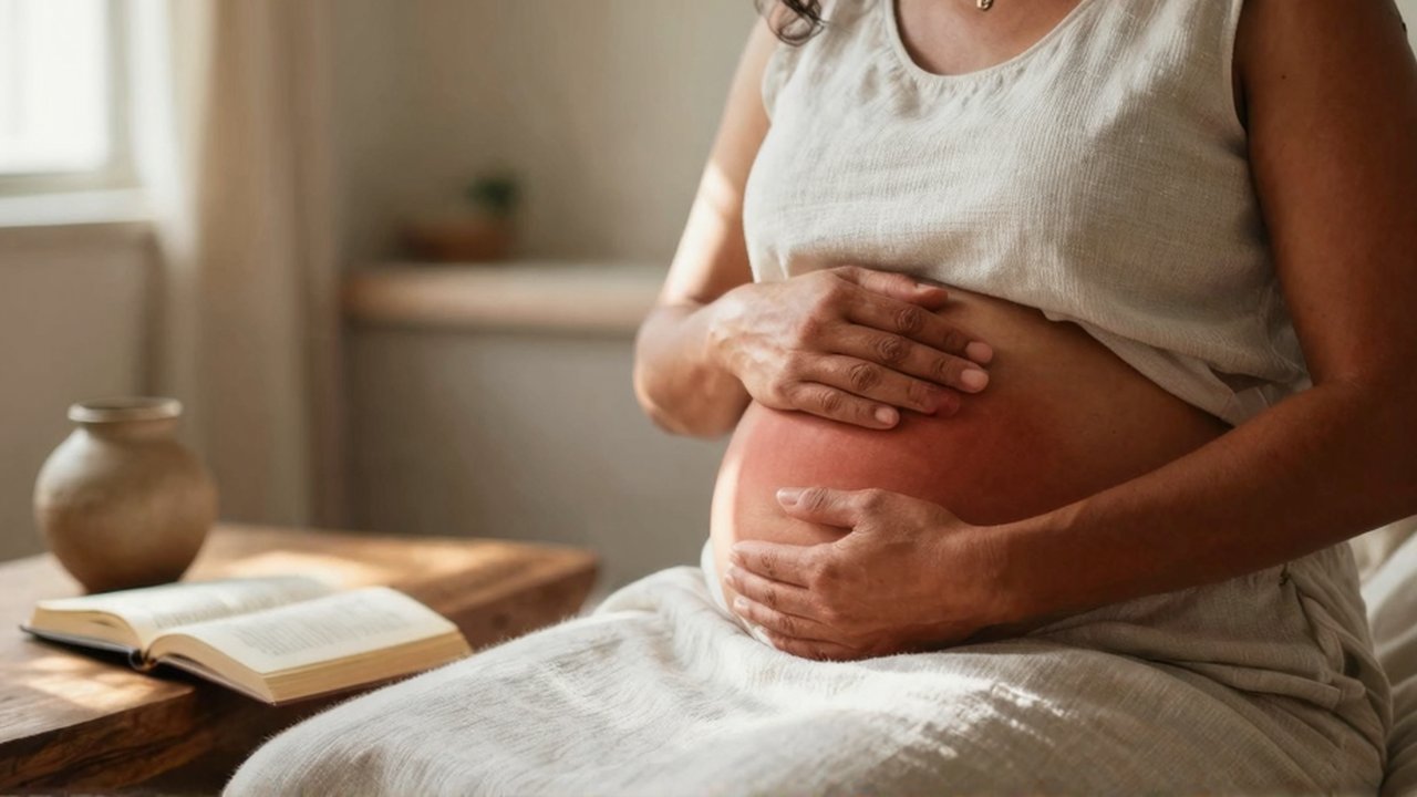Manos de una mujer descansan sobre su abdomen en un espacio iluminado junto a un libro.