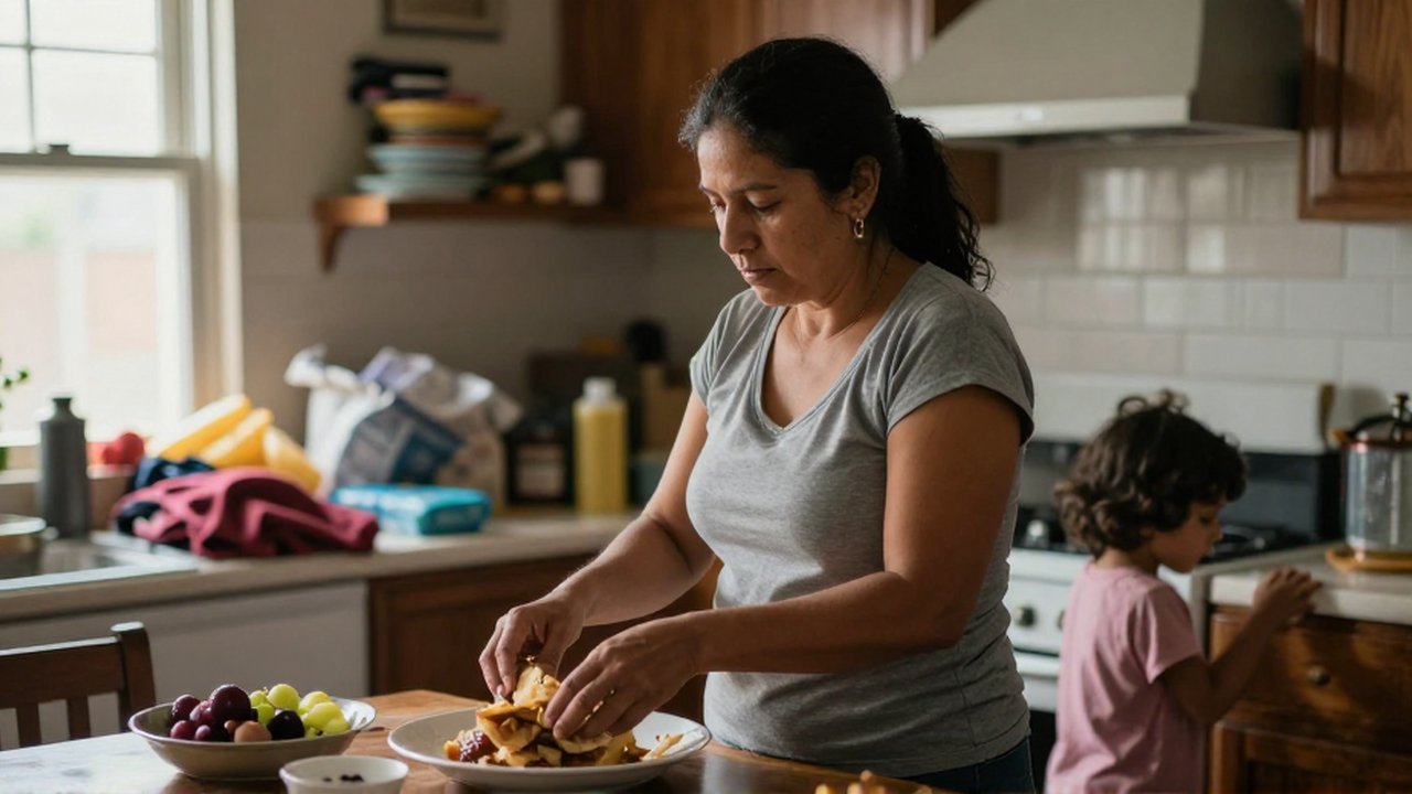 Una mujer latina prepara comida mientras atiende a un niño en una cocina con objetos domésticos.