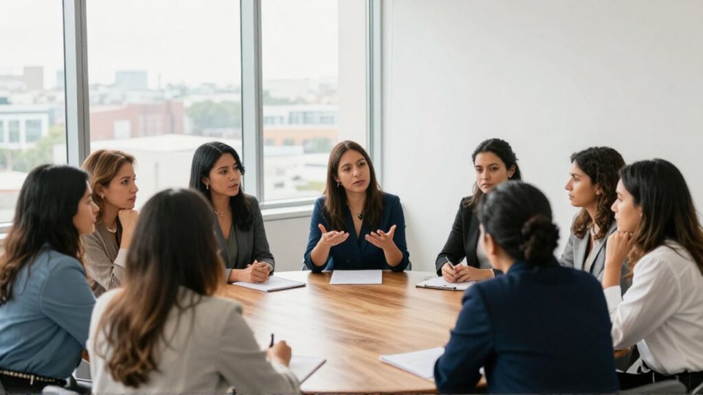 Grupo de mujeres latinas de diversas edades conversan concentradas alrededor de una mesa circular de madera en una oficina iluminada.