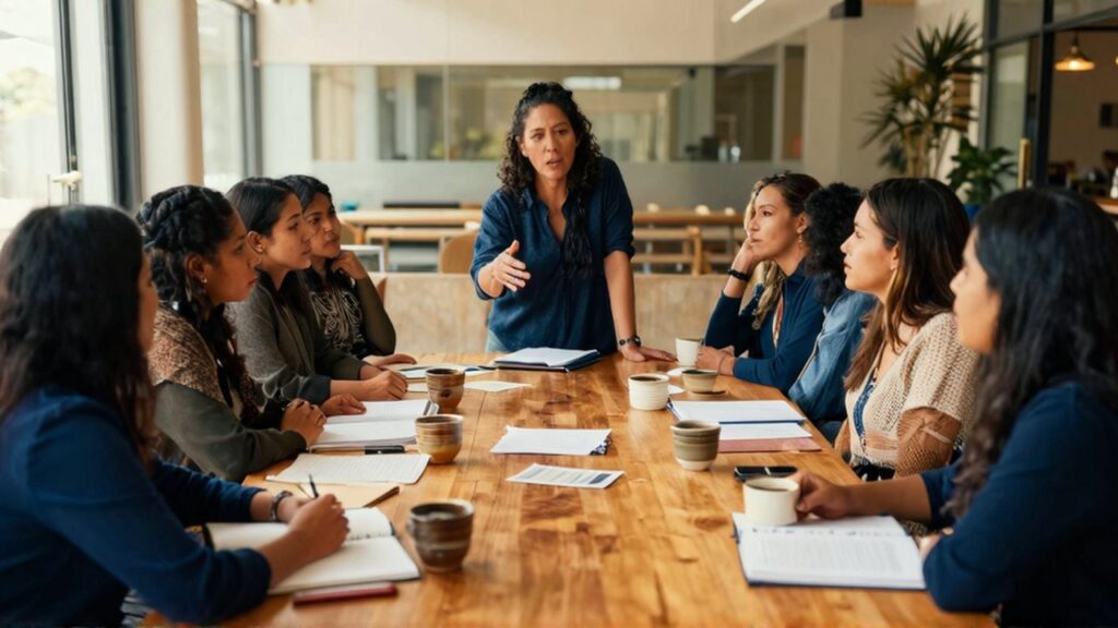Mujeres latinoamericanas conversan alrededor de una mesa de madera con cuadernos y tazas de café.
