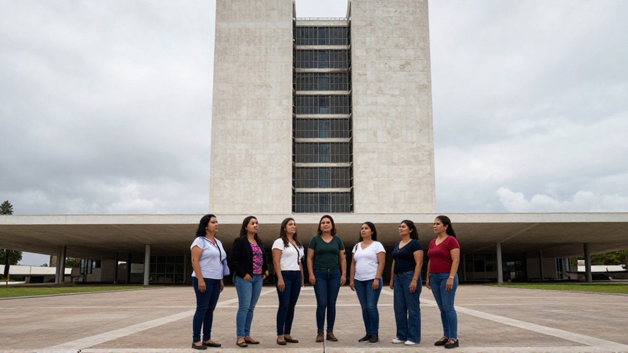 Grupo de mujeres diversas contempla una estructura arquitectónica de hormigón masiva en una plaza abierta.