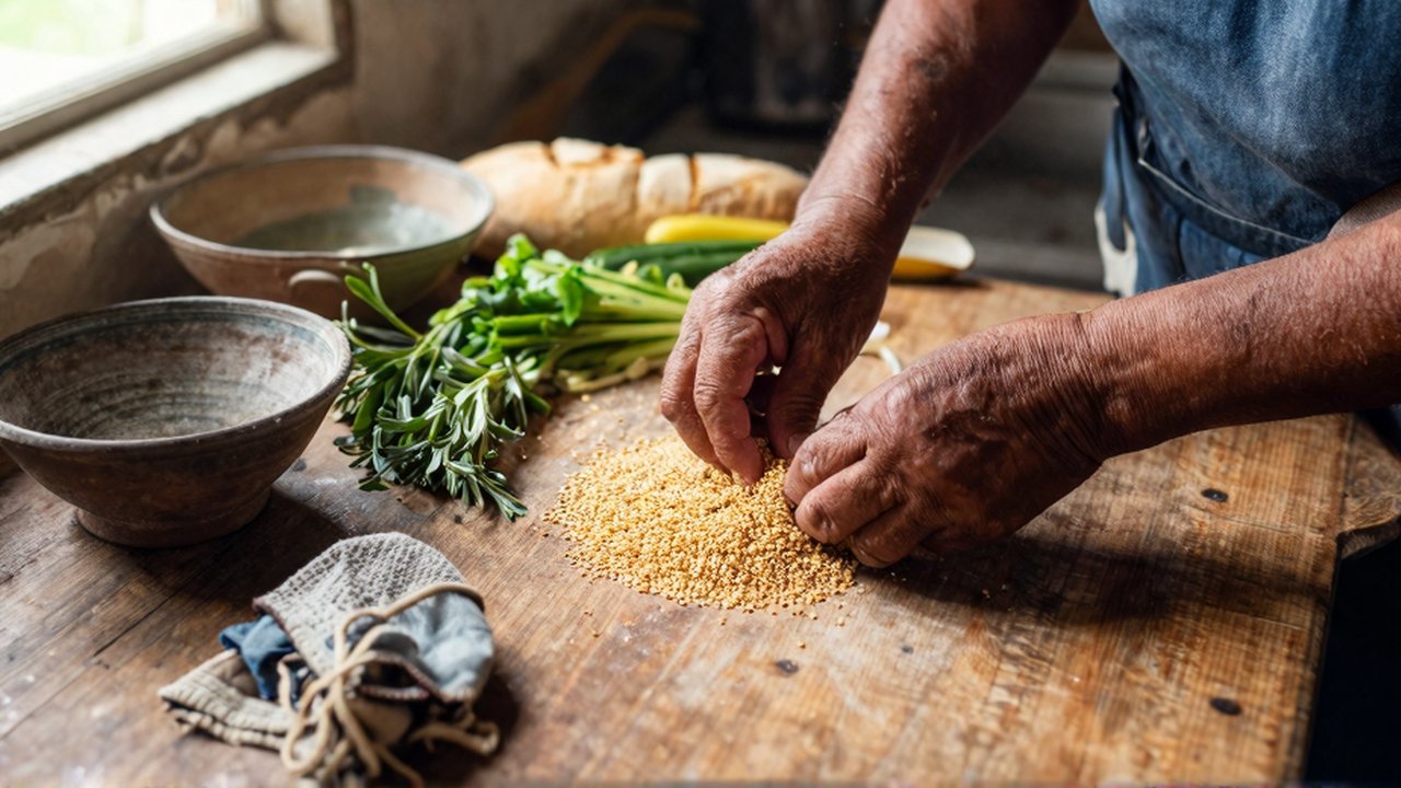 Manos de una mujer preparan granos, vegetales y pan sobre una mesa de madera rústica.