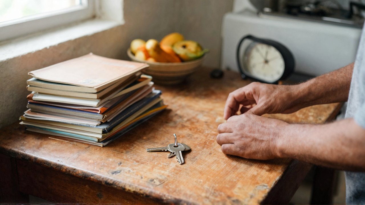 Manos de una persona mueven objetos sobre una mesa de madera con libros, llaves y frutas.