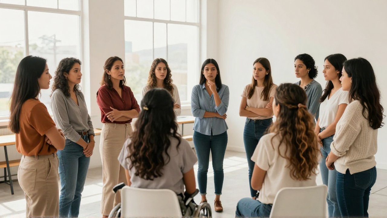 Mujeres latinoamericanas de diversas edades y capacidades conversan en círculo dentro de un estudio luminoso.
