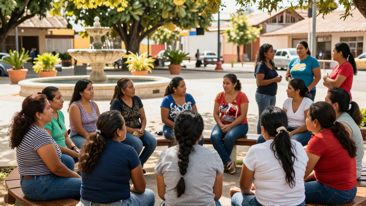 Mujeres de diversas edades conversan sentadas en bancos y de pie en una plaza soleada.