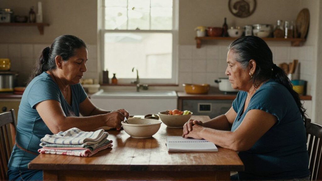 Dos mujeres de distintas generaciones están en una cocina iluminada por el sol