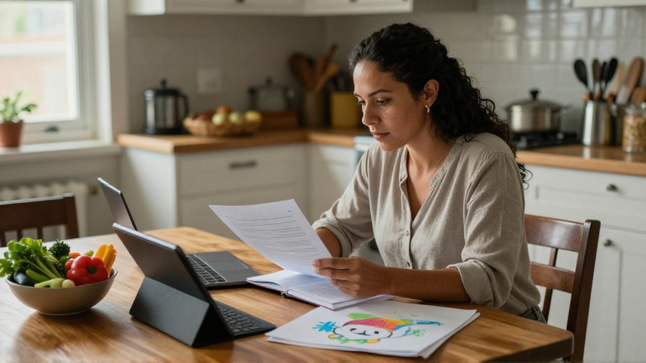 Una mujer revisa documentos y una computadora portátil junto a verduras y un dibujo infantil en una mesa de madera.