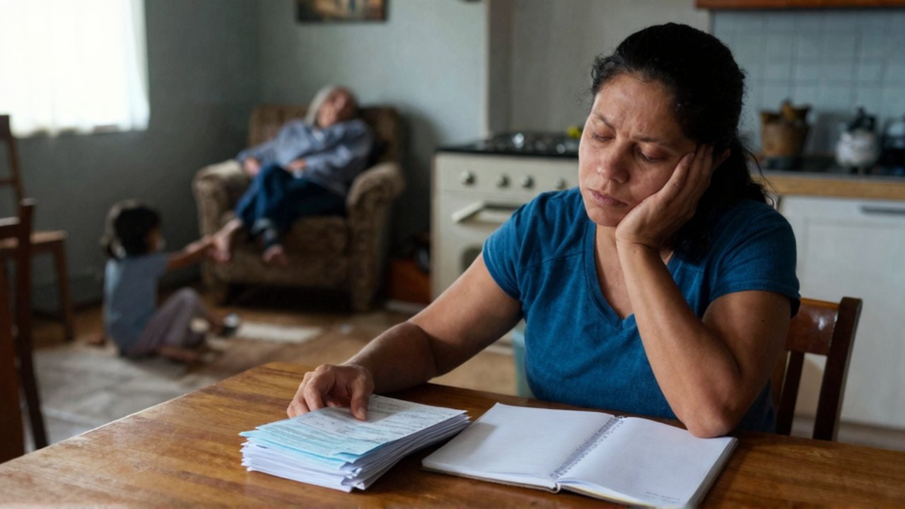 Mujer sentada frente a una mesa de madera con facturas y un cuaderno en una cocina.