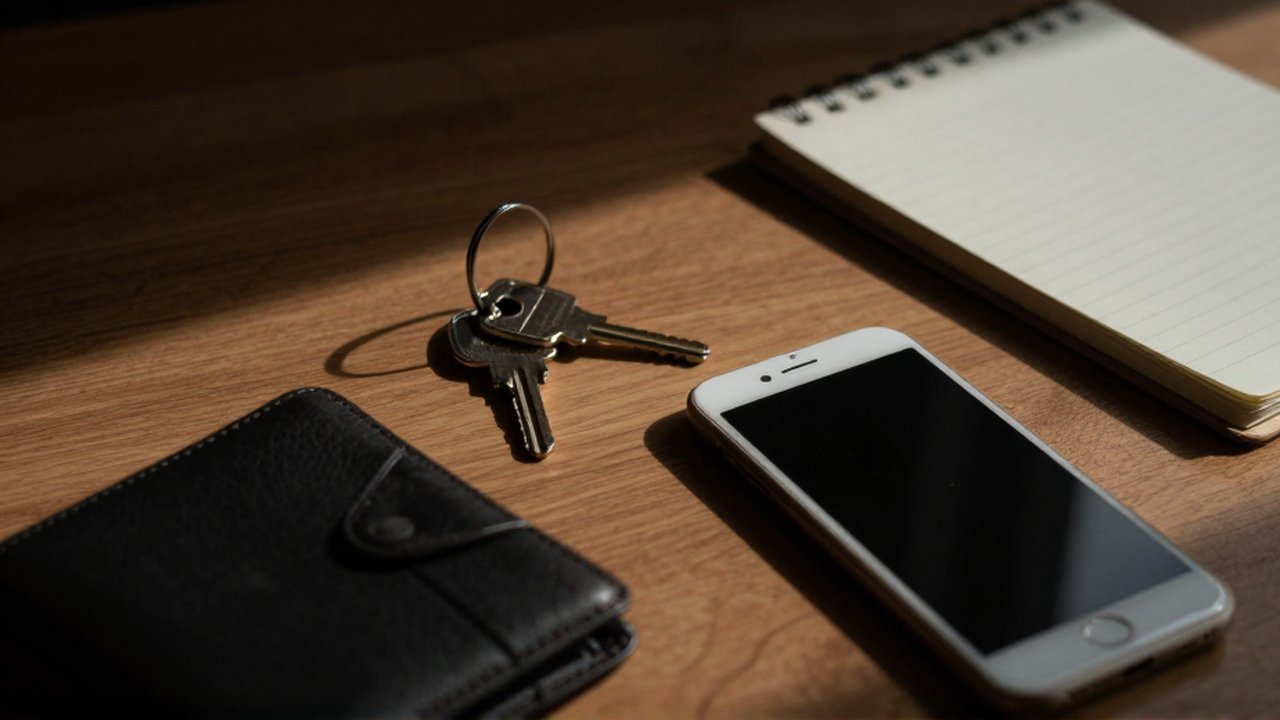 Unas llaves, un teléfono boca abajo cerca de una billetera y un cuaderno desgastado sobre una mesa de madera.