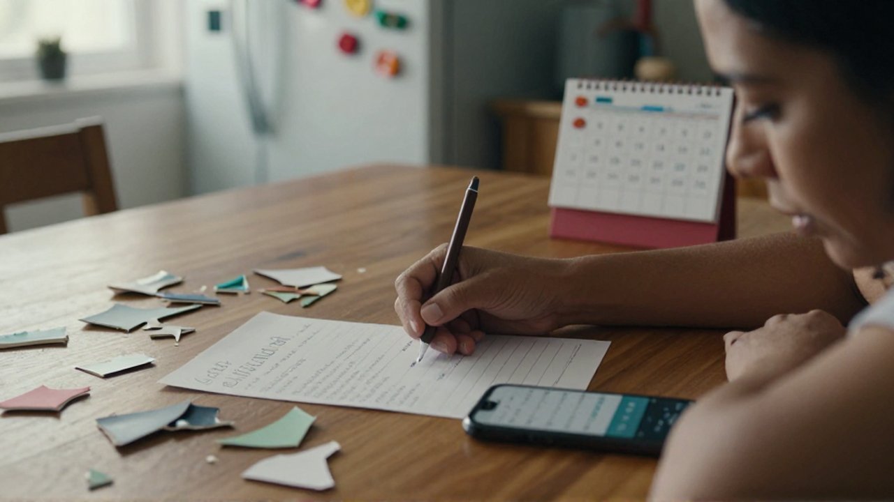 Manos de una mujer apoyadas sobre una mesa de madera junto a una lista de la compra y un calendario.