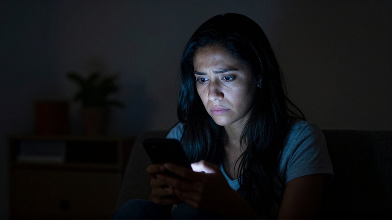 Mujer latinoamericana con expresión de cansancio mira un teléfono móvil en una habitación oscura.