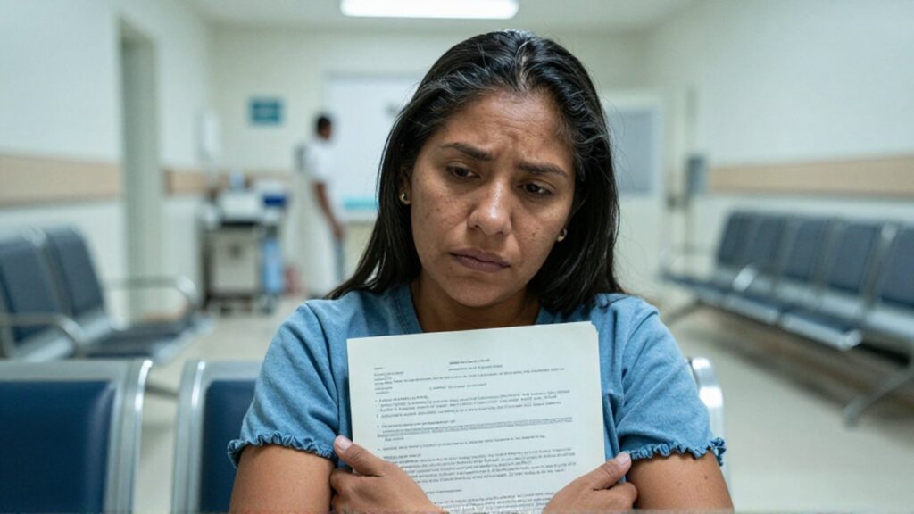 Mujer sentada en una sala de espera de hospital con una carpeta médica contra su pecho.