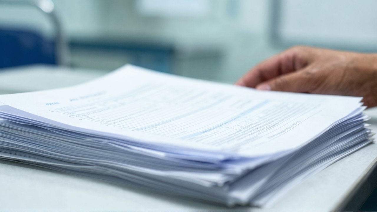 Una mano descansa cerca de una pila de formularios médicos sobre un escritorio de hospital.