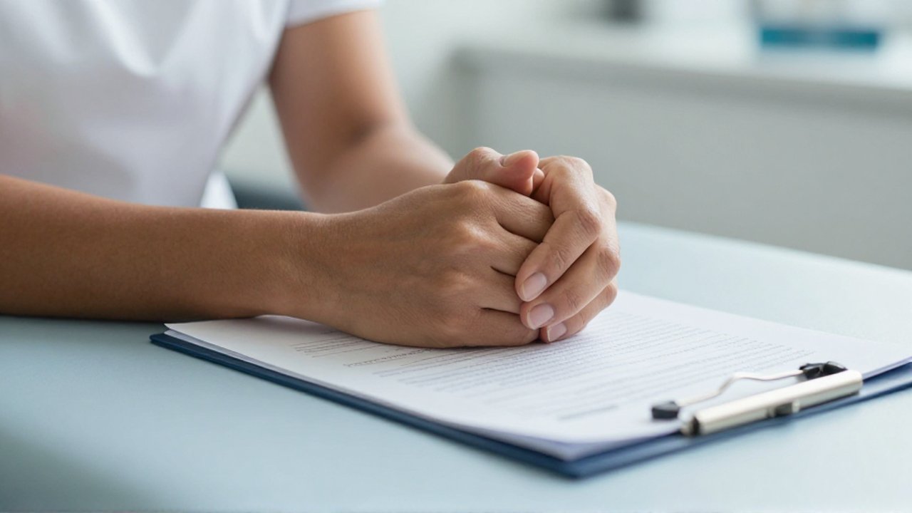 Manos de una mujer apoyadas sobre una mesa médica junto a un documento y un bolígrafo.