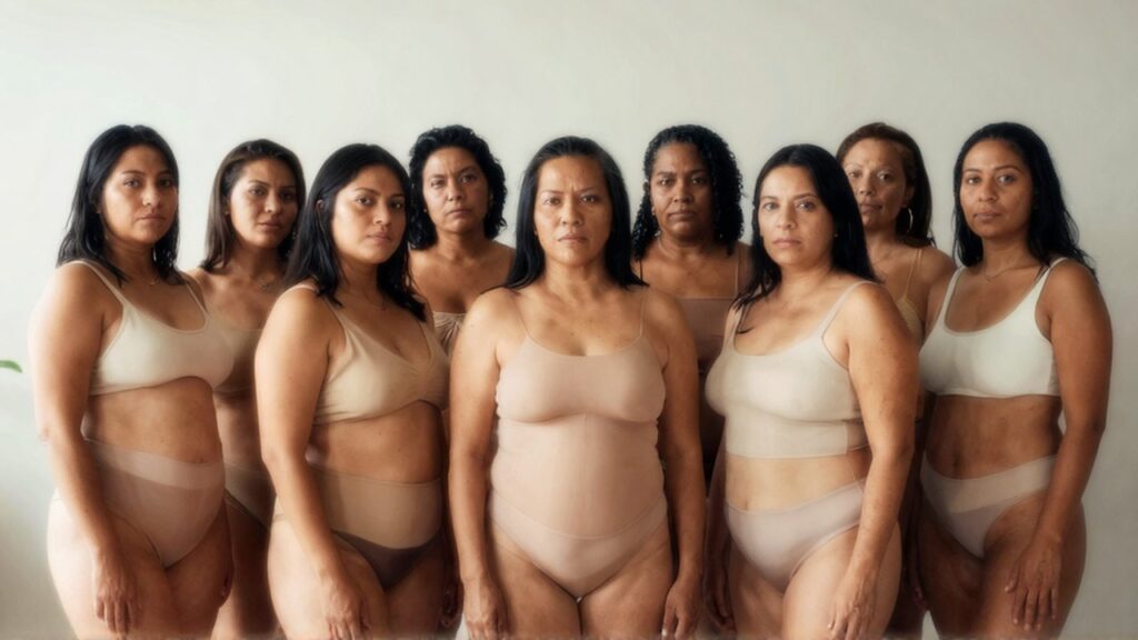 Grupo de mujeres latinoamericanas de diversas edades y complexiones posan con calma en un estudio minimalista.