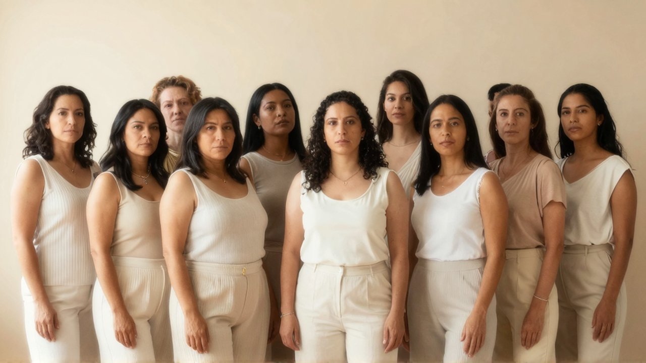 Grupo de mujeres latinoamericanas de diversos cuerpos y tonos de piel posan con ropa neutra en un estudio minimalista.