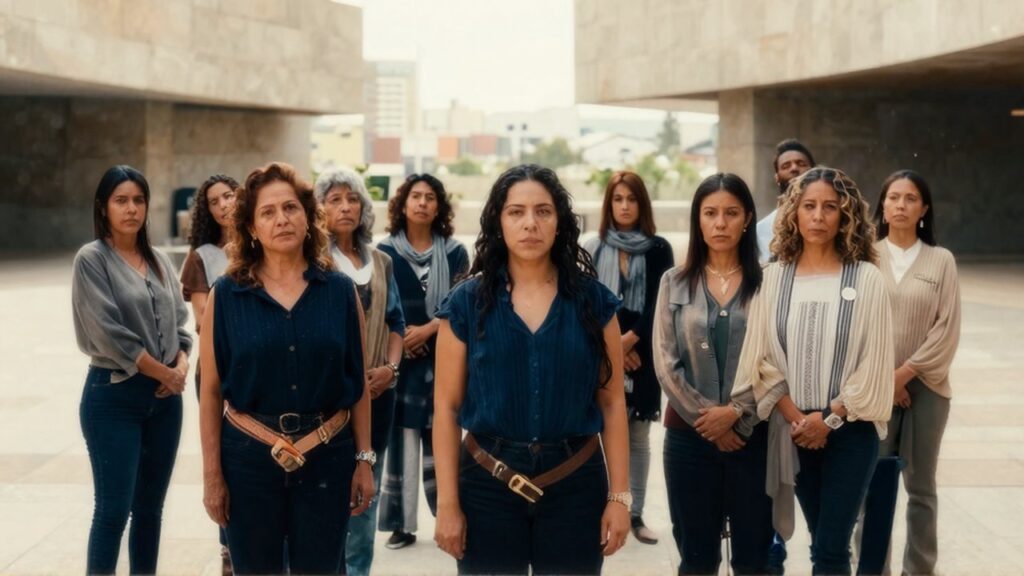 Grupo de mujeres latinas de diversas edades de pie en una plaza urbana minimalista.