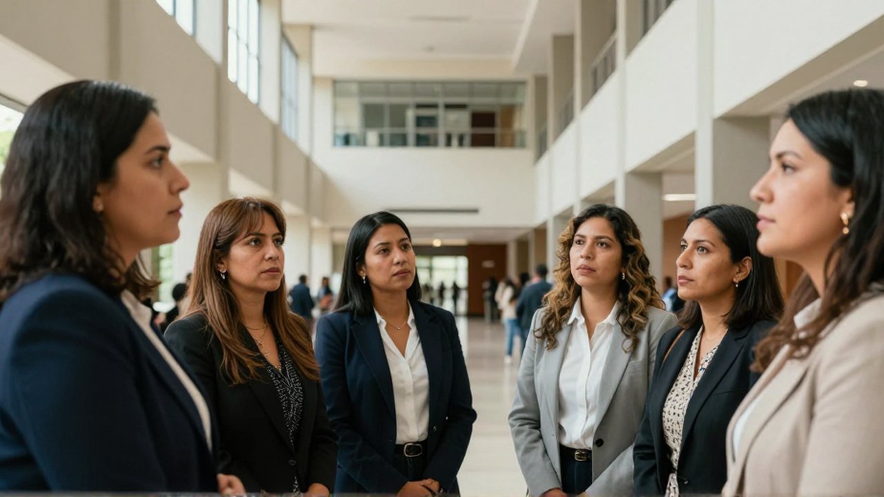 Grupo de mujeres latinoamericanas conversando y observando en el pasillo de un edificio institucional moderno.