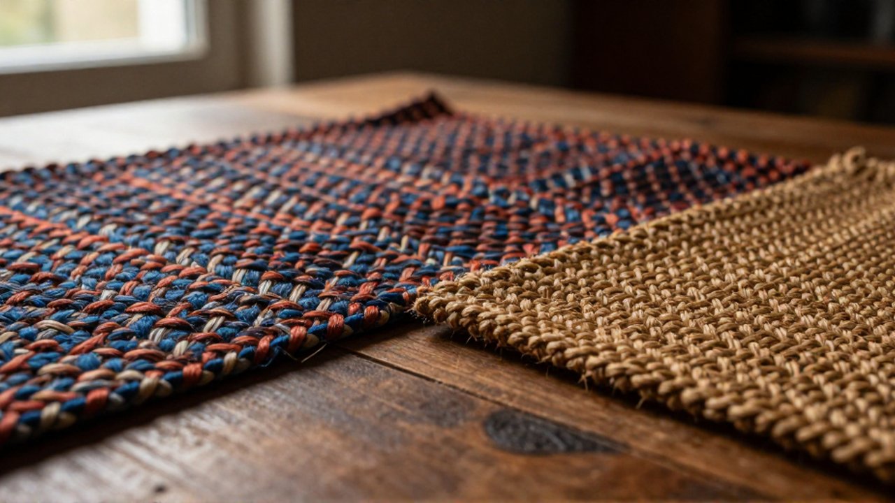 Dos tipos de textiles tejidos con distintos patrones se encuentran sobre una mesa de madera.