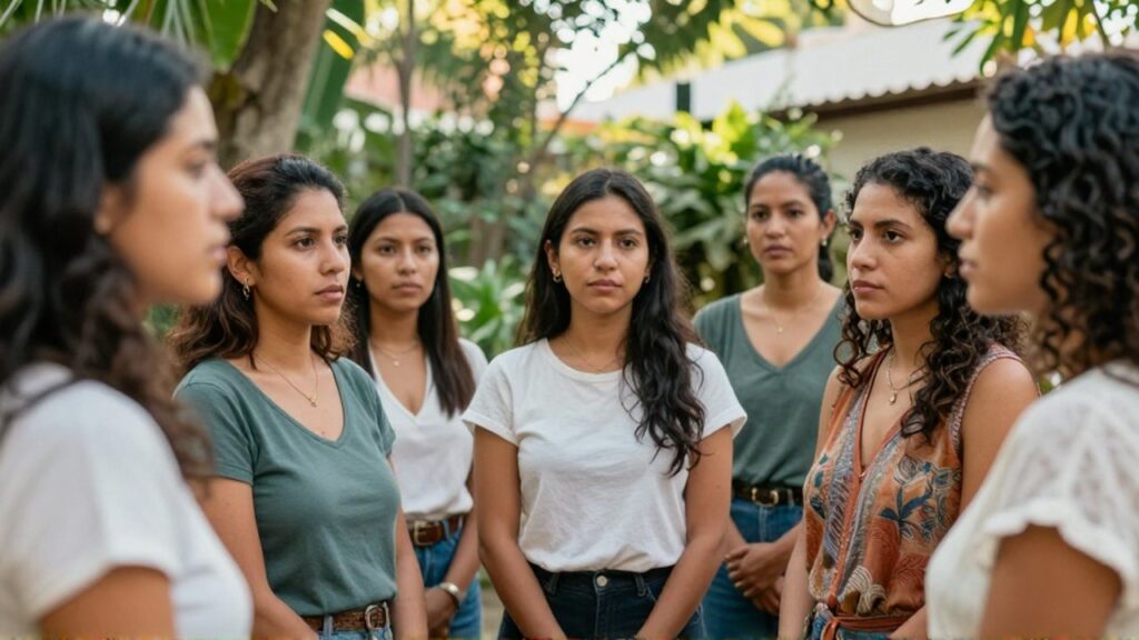 Grupo de mujeres y personas no binarias conversan en un jardín urbano con vegetación.