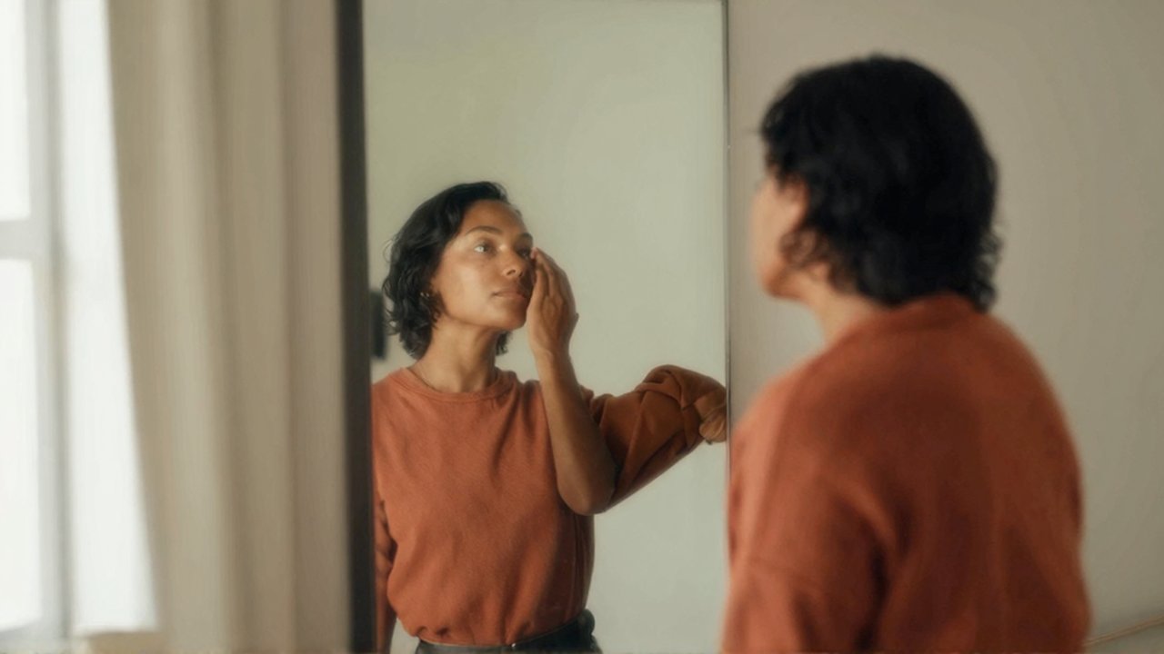 Una persona de rasgos latinos toca su reflejo en un espejo dentro de una habitación minimalista.