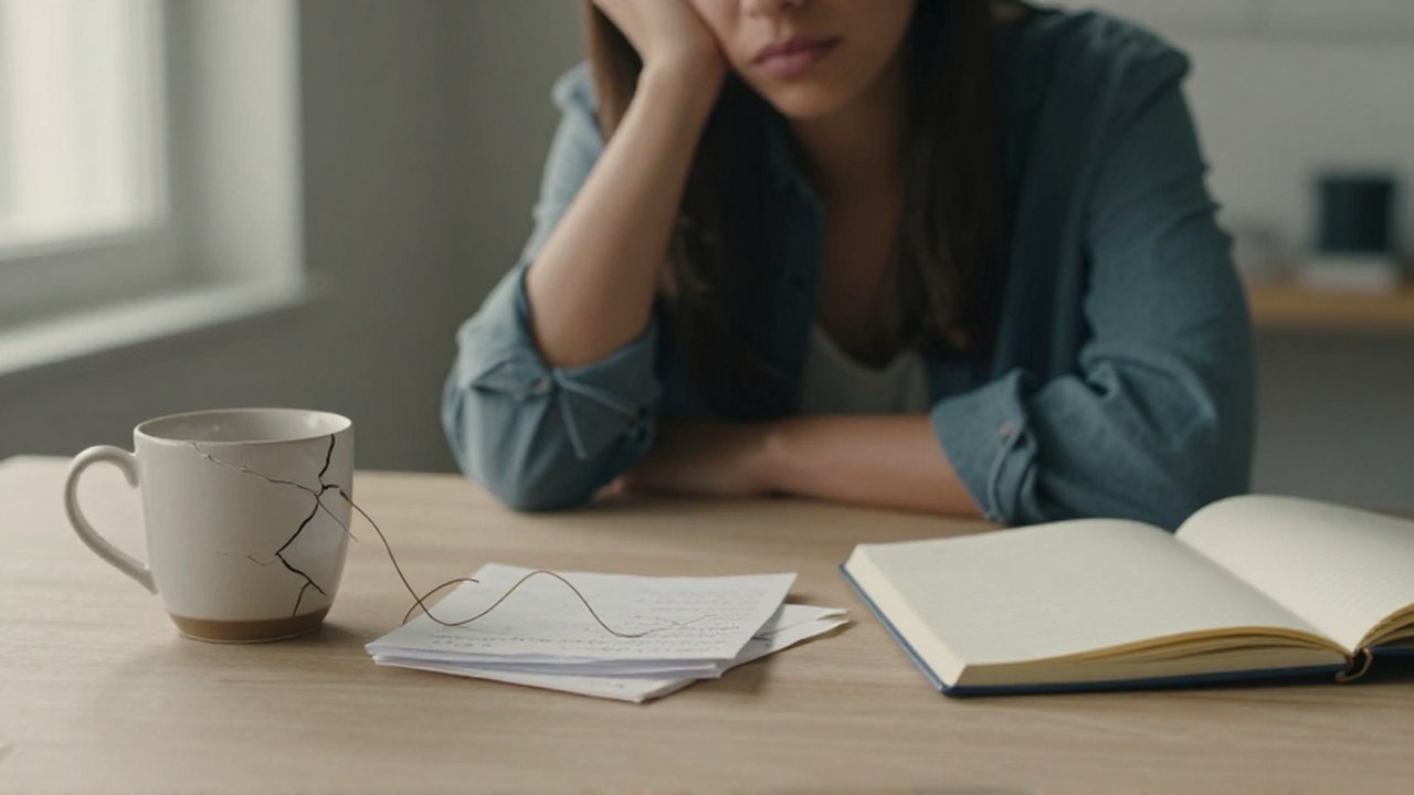 Una taza de cerámica agrietada y un hilo enredado reposan sobre notas y un cuaderno abierto en un escritorio.
