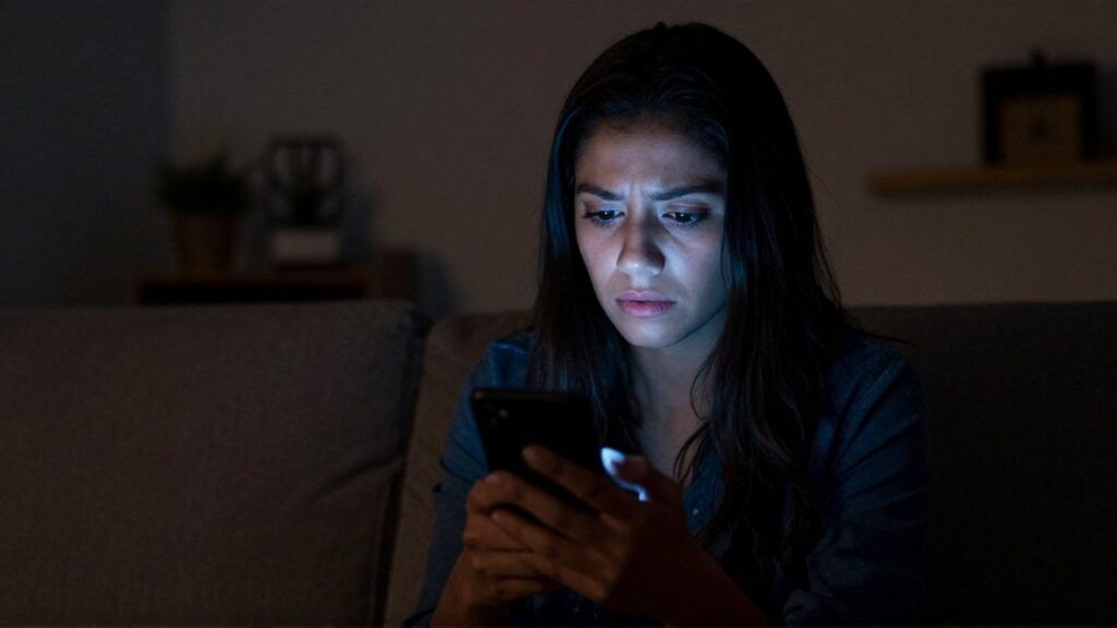 Una mujer joven sentada en una sala oscura mira con cansancio la pantalla de su smartphone.