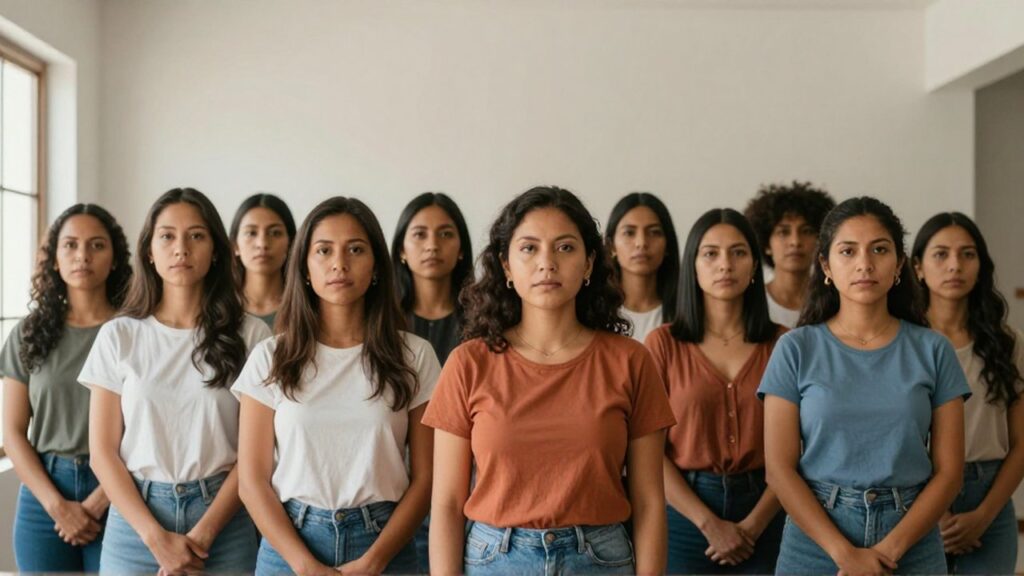 Grupo de personas latinoamericanas de diversos géneros posan con calma en un espacio interior minimalista.