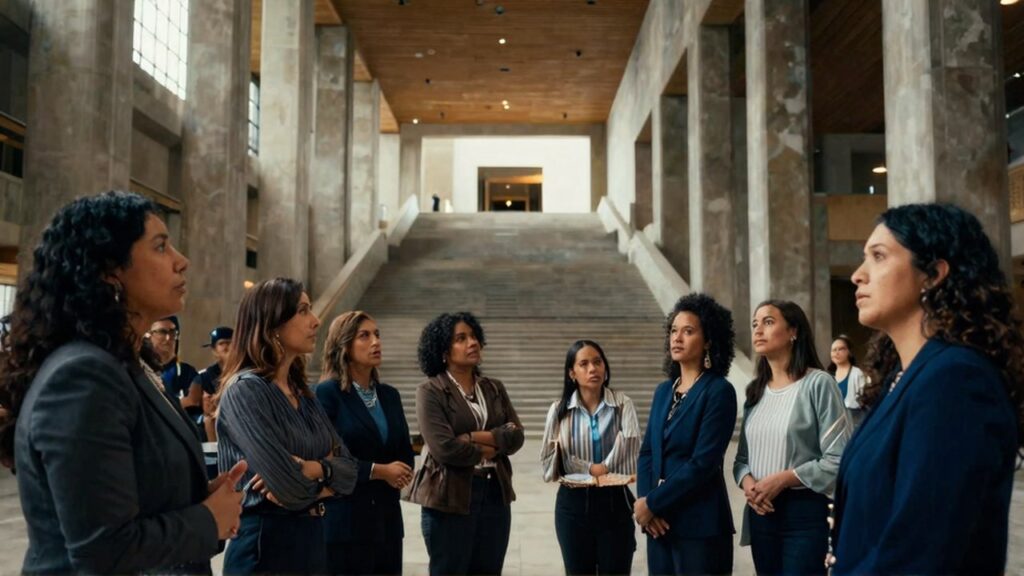 Grupo de mujeres diversas conversan y observan en un espacio arquitectónico de techos altos y columnas de piedra.