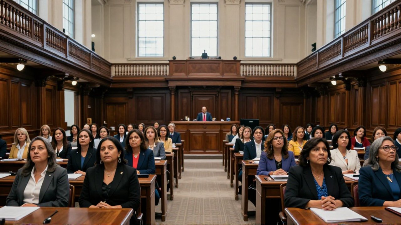 Mujeres latinoamericanas de diversas edades observan atentamente hacia un podio en un gran salón gubernamental.