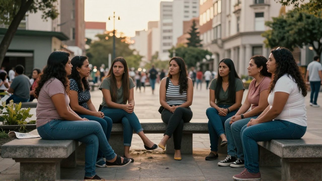 Grupo de mujeres latinas conversando seriamente sentadas en bancos de piedra de una plaza soleada.