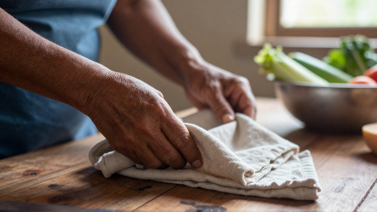 Manos de una mujer organizan vegetales frescos y un paño de lino sobre una mesa de madera.