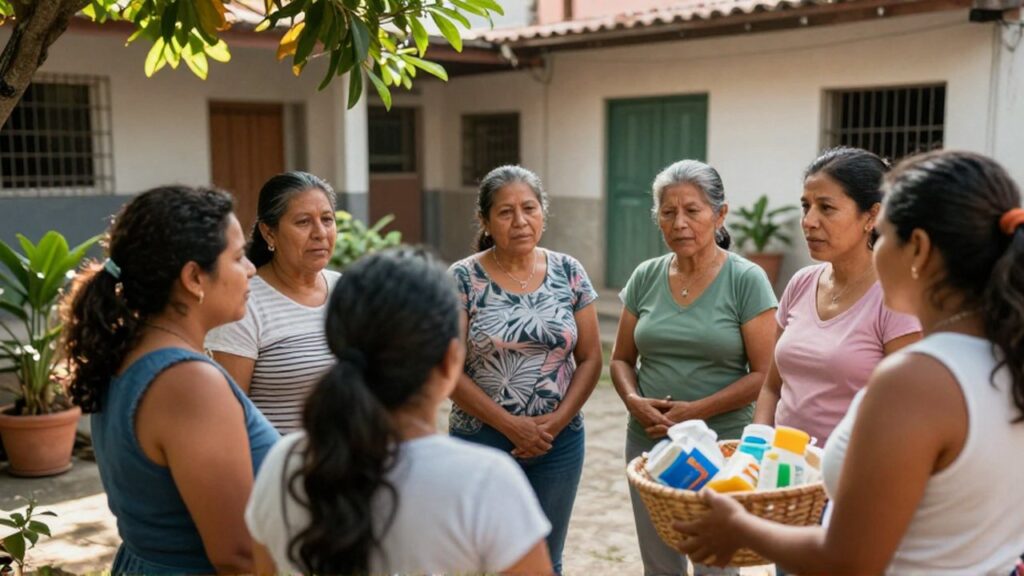 Grupo de mujeres latinoamericanas de diversas edades conversan en un patio urbano con plantas.