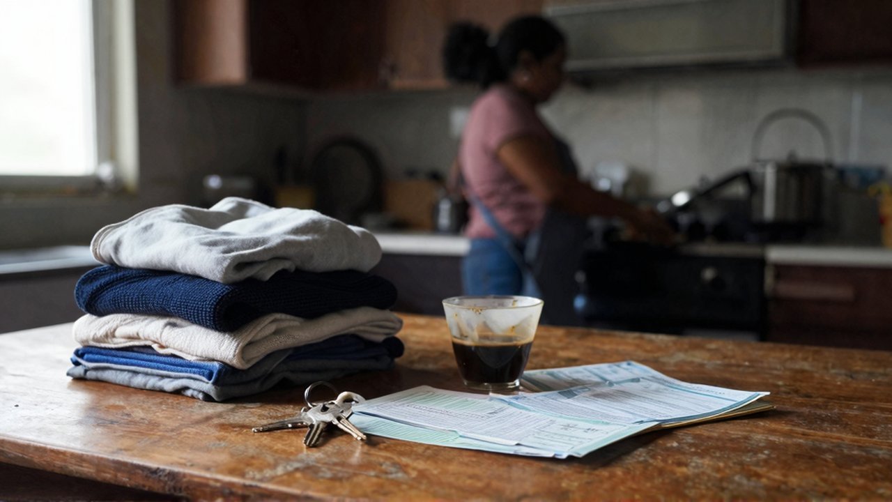 Objetos domésticos como ropa doblada, facturas y una taza de café sobre una mesa de madera.