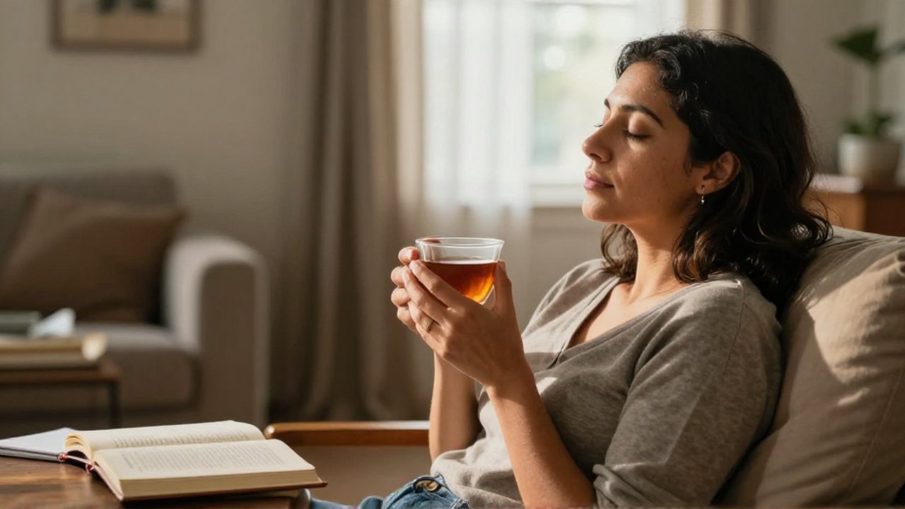 Mujer latinoamericana con los ojos cerrados sostiene una taza de té sentada junto a una mesa con un libro.