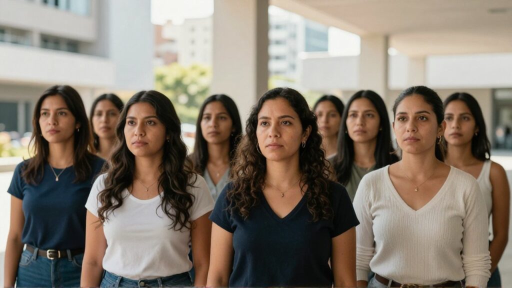 Grupo de mujeres latinas con expresiones serenas posan juntas en una plaza urbana moderna.