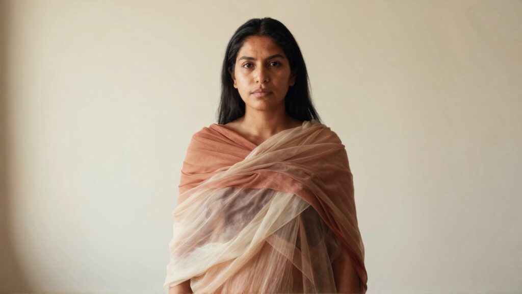 Mujer latinoamericana con expresión serena envuelta en capas de telas traslúcidas en tonos tierra.