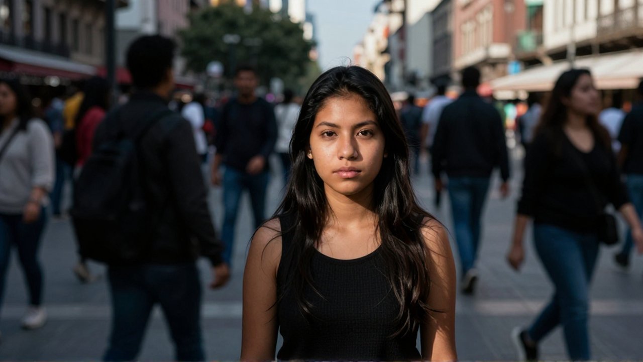 Mujer joven de expresión contemplativa de pie en una plaza urbana con transeúntes en movimiento.