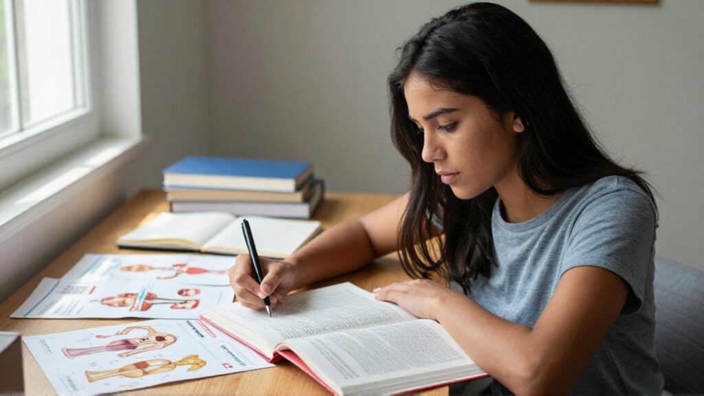 Mujer joven sentada en un escritorio de madera analiza un libro de anatomía y folletos impresos.